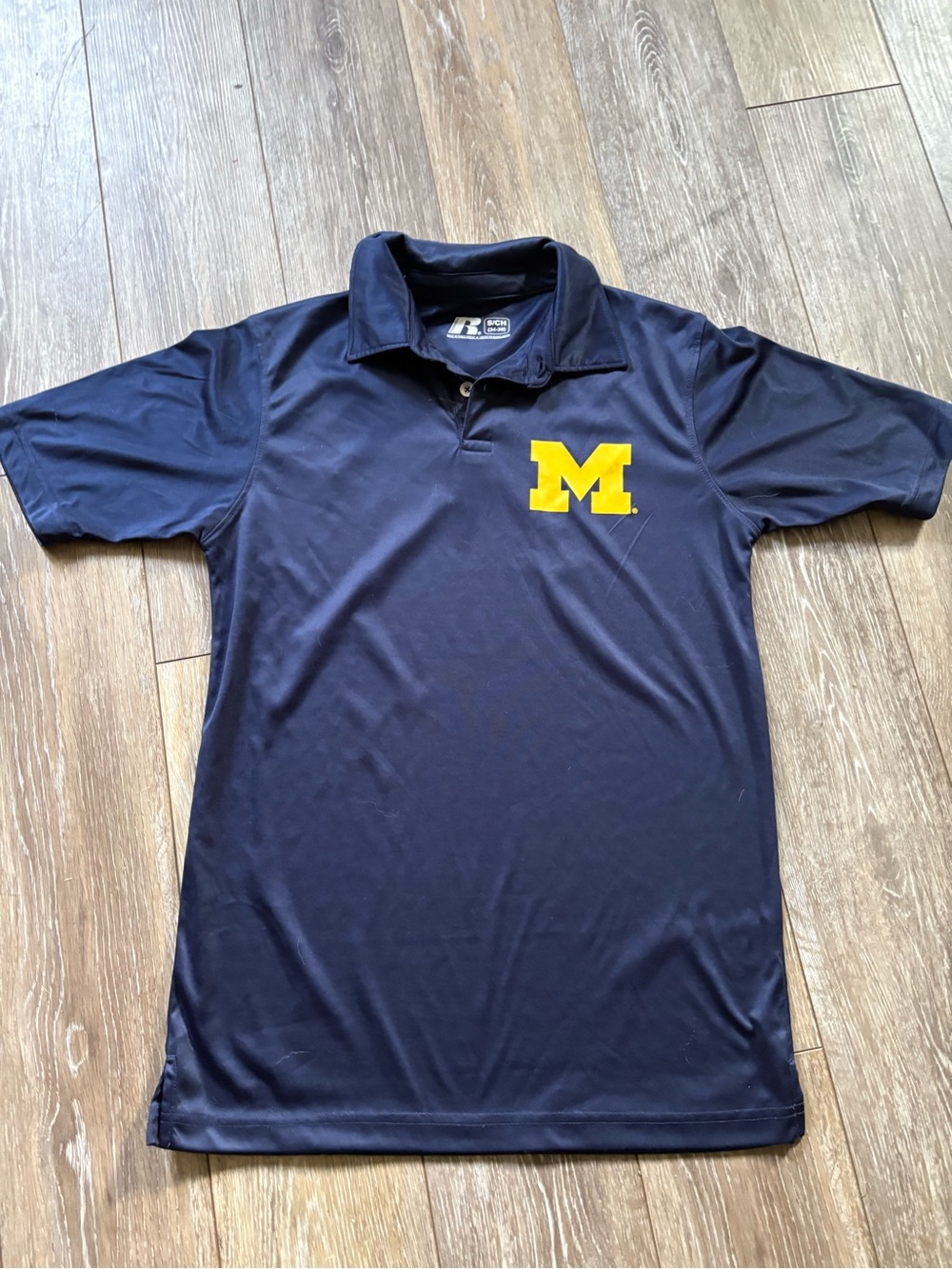 Russell Athletic Navy Polo with Yellow 'M Chest Logo men’s size small